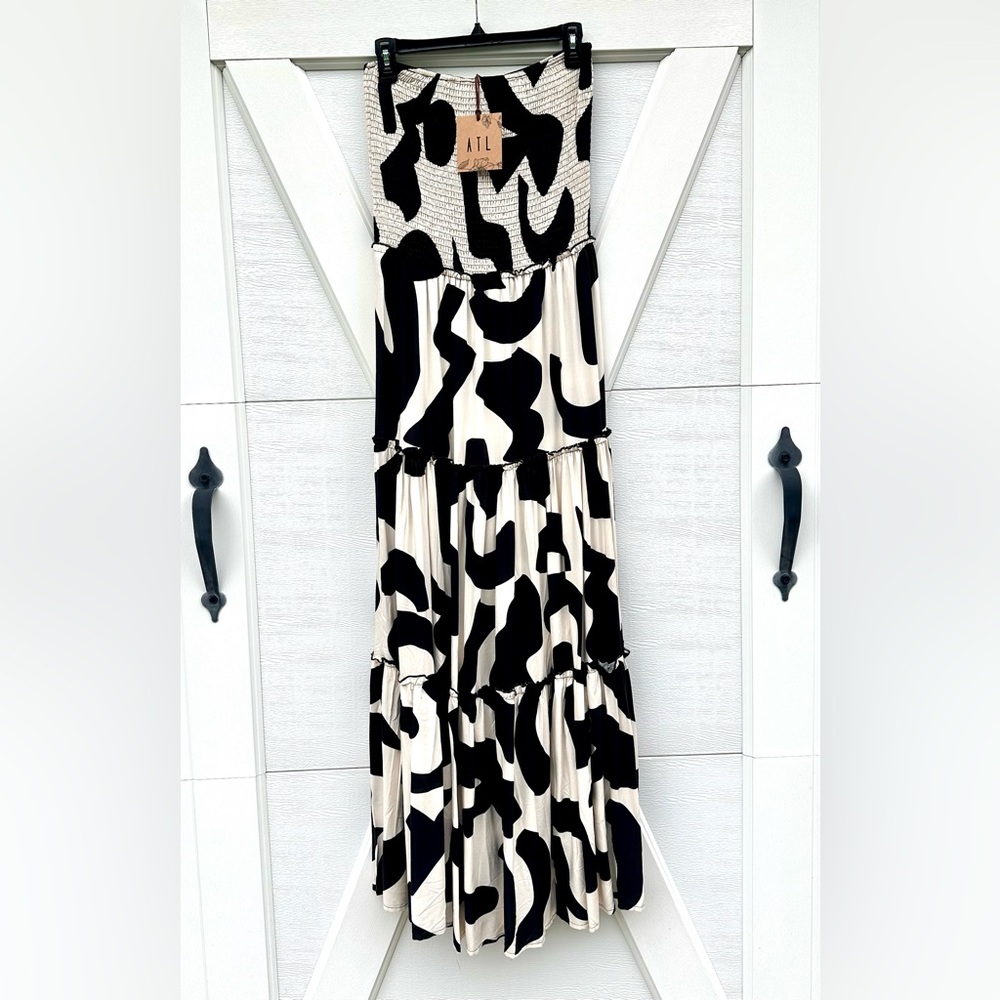 Abel The Label Anthropologie Tan & White Strapless Maxi Dress